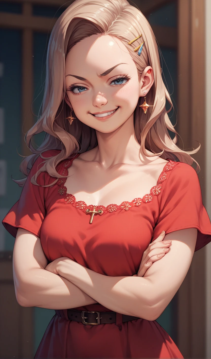 /gen tiny mita, upper body, shirt, red dress, crossed arms, smug, portrait,