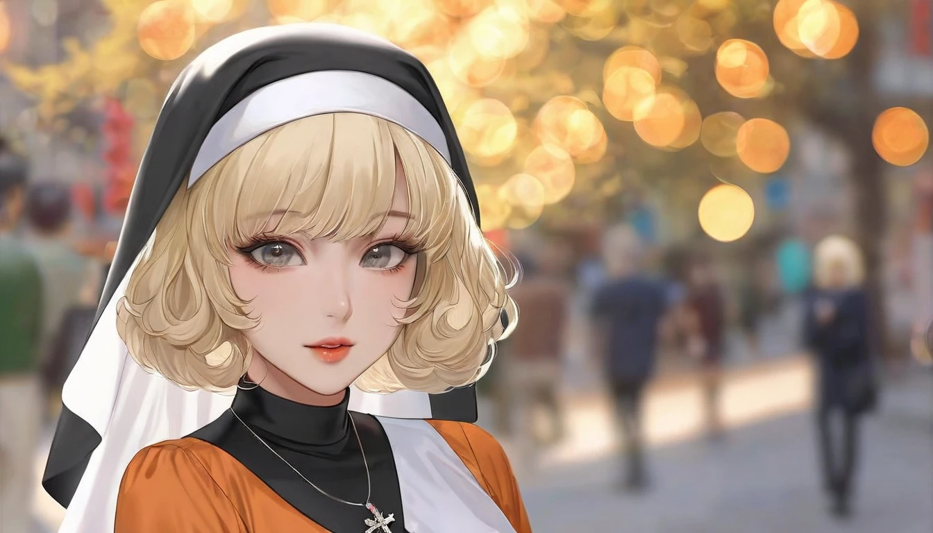 Curly Bob Cut,  platinum-haired woman wearing an orange collared shirt is posing for a photo in the city,  8k artgerm bokeh ,   well-balanced body  , 美しい Korean woman , Gorgeous Necklace, 美しい若い Korean woman ,  Soft Portrait Shot 8k,  Korean Girl, Double eyelids and narrow eyes, Beautiful grey eyes, Trans8K,  cute young woman,  Korean woman ,  beautiful blonde girl wearing nun cosplay