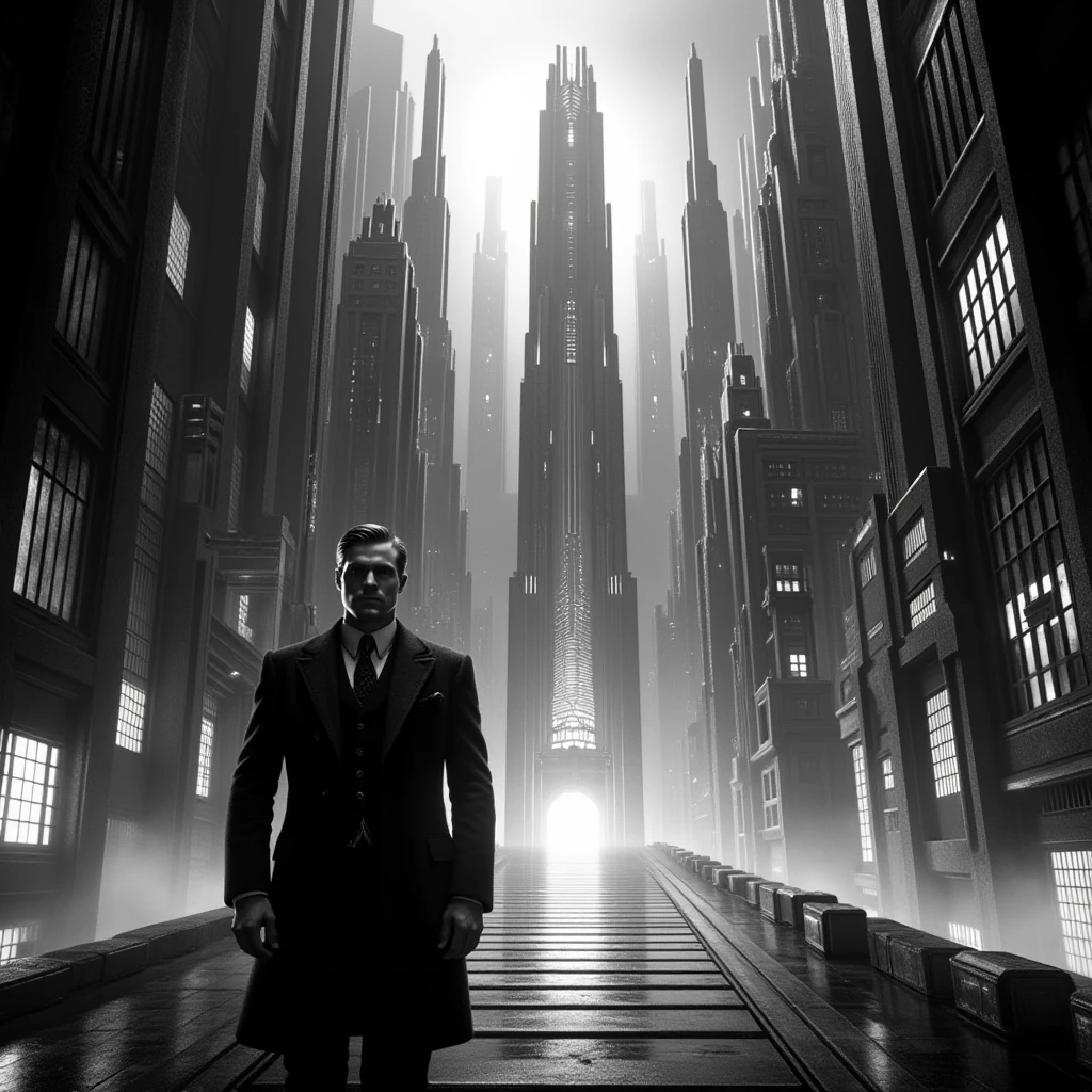 mad-ropolis-movie, man, futuristic, stylized, art deco, expressionist, 1920s, black and white (masterpiece:1.2), best quality, noir Atlas Shrugged
