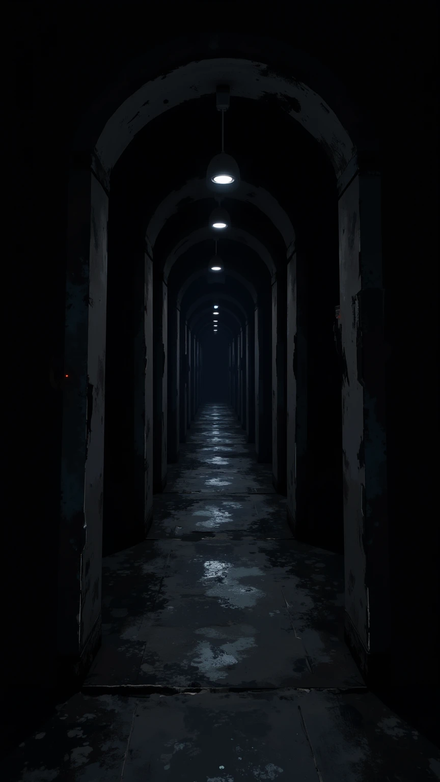 (masterpiece:1.3, UHD:1.2, highres:1.3, top quality, clarity:1.3), (darkness:1.3, darkness:1.3The eternal corridor:1.3, Complete darkness:1.3, Round lights are spaced evenly in the darkness and continue deeper into the room:1.3), 8k wall paper:1.3