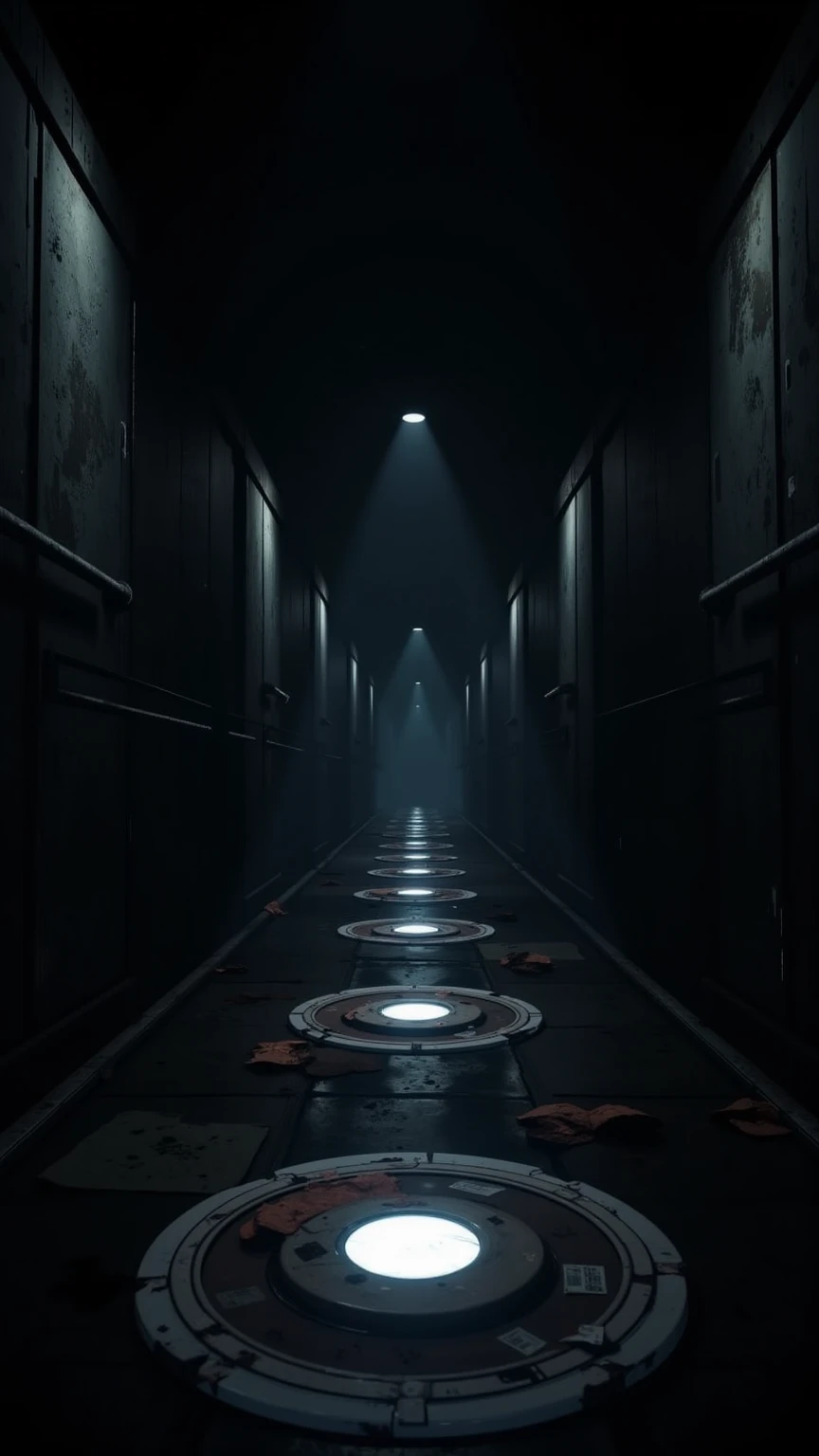 (masterpiece:1.3, UHD:1.2, highres:1.3, top quality, clarity:1.3), (darkness:1.3, darkness:1.3The eternal corridor:1.3, Complete darkness:1.3, Round lights are spaced evenly in the darkness and continue deeper into the room:1.3), 8k wall paper:1.3