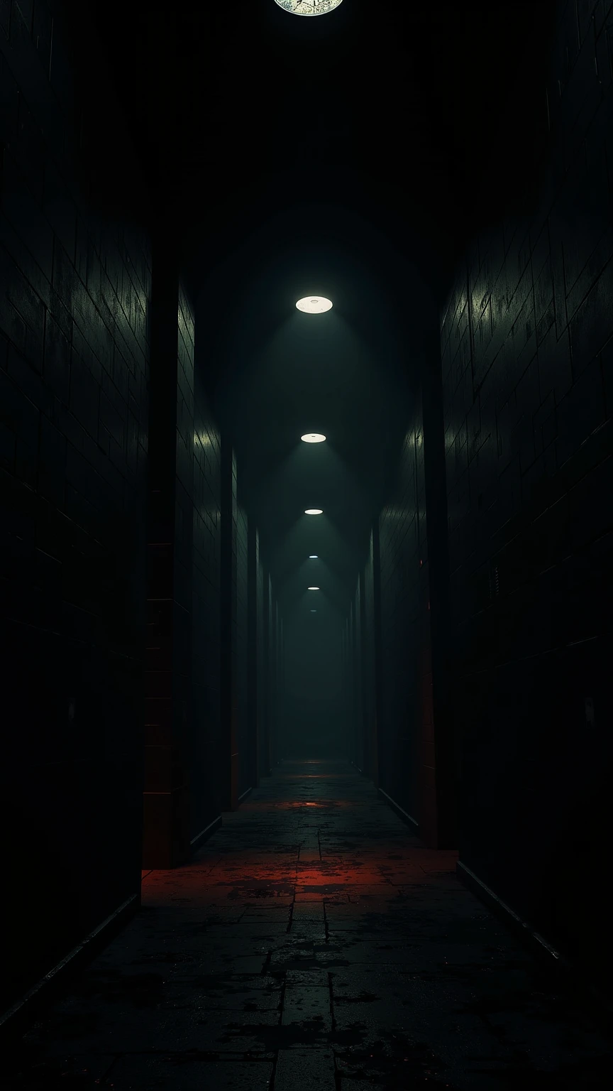 (masterpiece:1.3, UHD:1.2, highres:1.3, top quality, clarity:1.3), (darkness:1.3, darkness:1.3The eternal corridor:1.3, Complete darkness:1.3, Round lights are spaced evenly in the darkness and continue deeper into the room:1.3), 8k wall paper:1.3