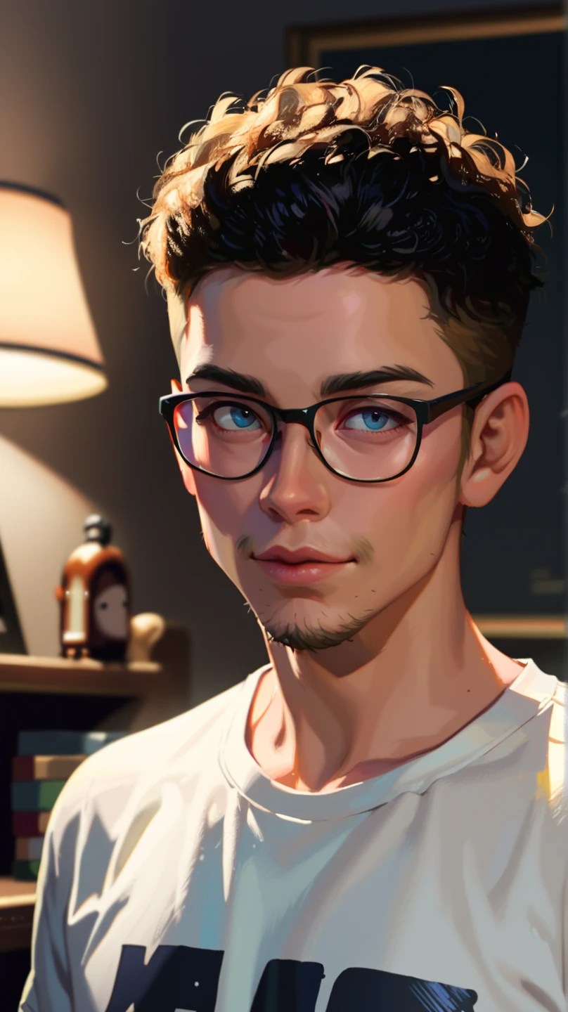 ((HD photo)), masterpiece, best quality, Hyper realistic, hires:1.4, 8k, portrait, headshot, man / Damon alarm/ 30 years old, looking at camera, standing, skinny, underweight, short curly hair, acne, nerd glasses, band t shirt, greasy, dark bedroom, poorly lit, incel, anime nerd, neckbeard, geek, dork, pathetic , 