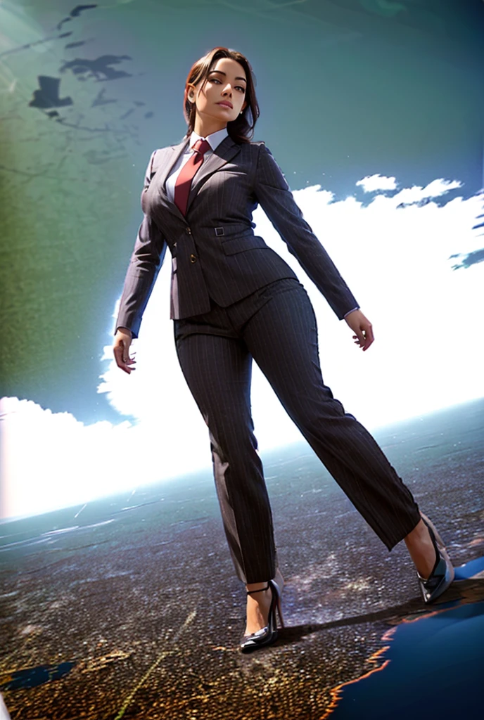 Giga Giantess art 1:4, two highly detailed giga giantess, ginger hair, white woman full body view, 10000 miles tall giga giantess, giga giantess so massive the world is very small to her, huge breasts, navy blue pinstriped trousers, white tailored shirt done up thick and very large thick Windsor knot tie, ties length reaches just passed the top of trousers, Has long full wavy ponytail, Wearing a pair of  polished round toe court heels Professional attire A look of enjoyment, Beautiful appearance, smile, horny (view from the ground)giga goddess, full body view, standing striaght, stomping on very tiny but massive continent, facing towards camera