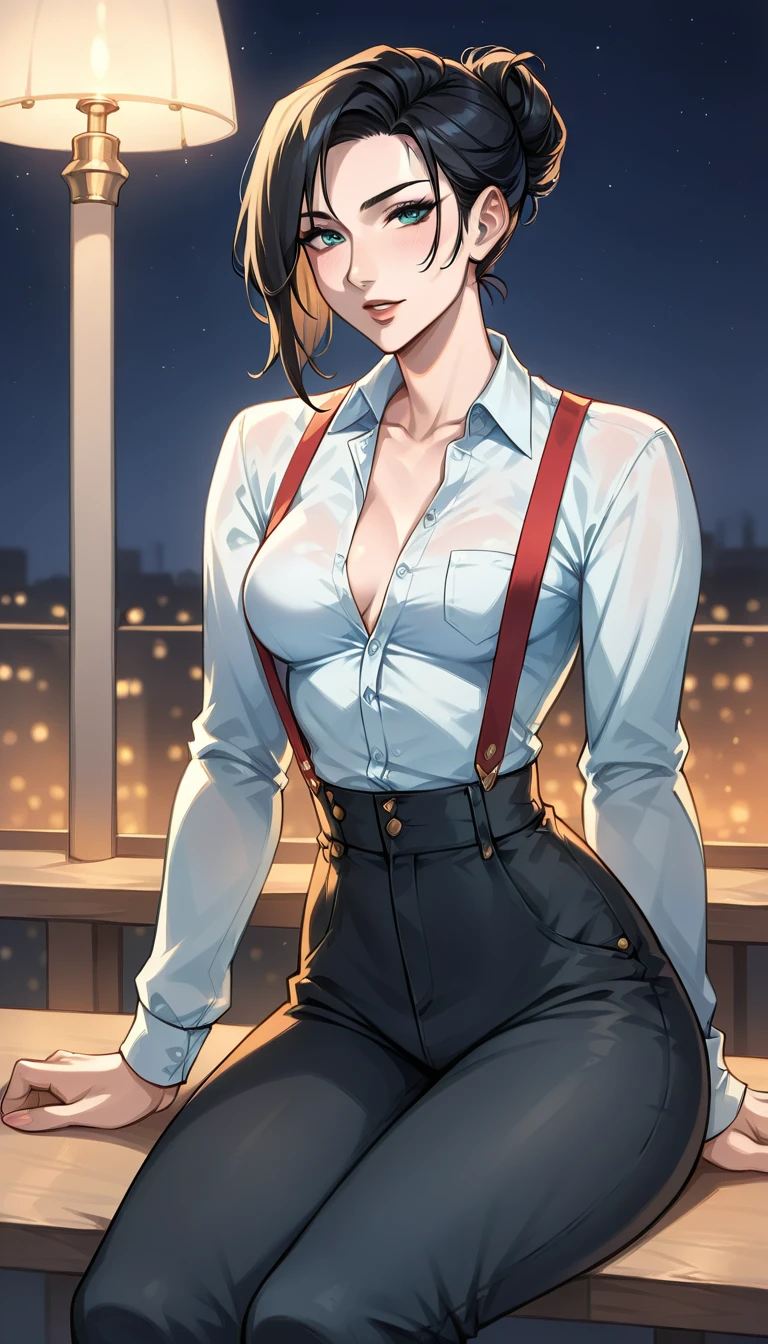 (solo, 1 fit girl, masterpiece, best quality, small breasts) An illustration of a young gangster-woman in a 30's america setting. She is standing in an expensive vintage restaurant (night time, night lighting), resting in a cool and relaxed pose. The woman is slender with a well-defined fit build and super narrow wasp-waist. She has short black hair. Her eyes are grey, expressive, and have a grey hue. She is wearing a form-fitting a white shirt with rolled-up sleeves and suspenders, black trousers with stripes sitting high at the waist. Next to her lies a longsword with a simple yet elegant design, planted in the ground. The background consists of warm and cozy restaraunt with mafi estetics. The atmosphere is calm, with soft, diffused night lighting. Ensure the proportions of her body are realistic, and the pose conveys a dynamic yet relaxed feel.