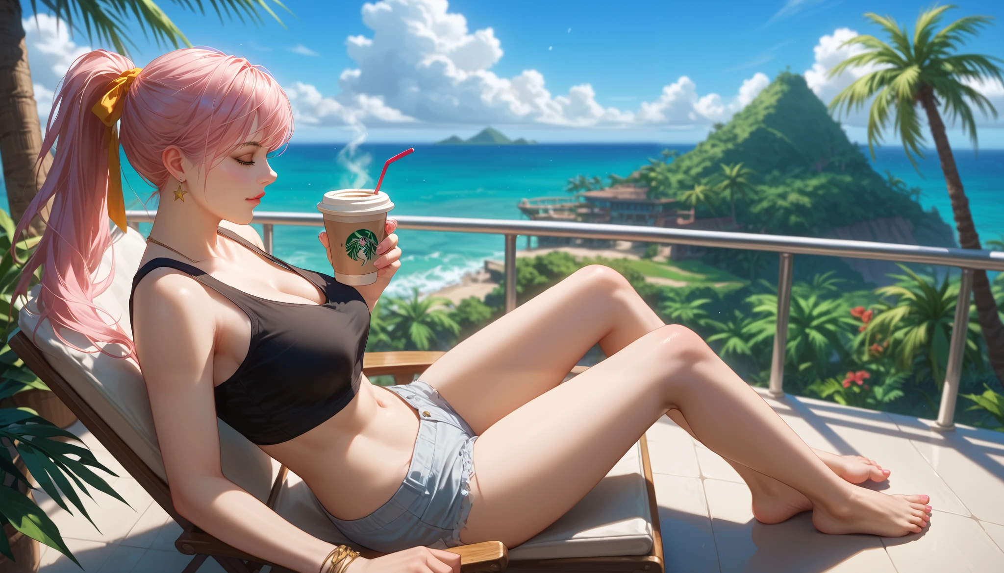 "A woman med boobs with pastel green and pink hair tied in a ponytail sits barefoot on a bamboo chair on a rooftop balcony overlooking a tropical island. She is dressed in a black tank top and loose beach shorts, typing on her laptop. A cup of coffee sits nearby, and the distant sound of waves reaching the shore blends with the gentle rustling of palm trees. The sky above is filled with stars, and the warm glow of lanterns on the balcony adds to the peaceful, island-night ambiance."