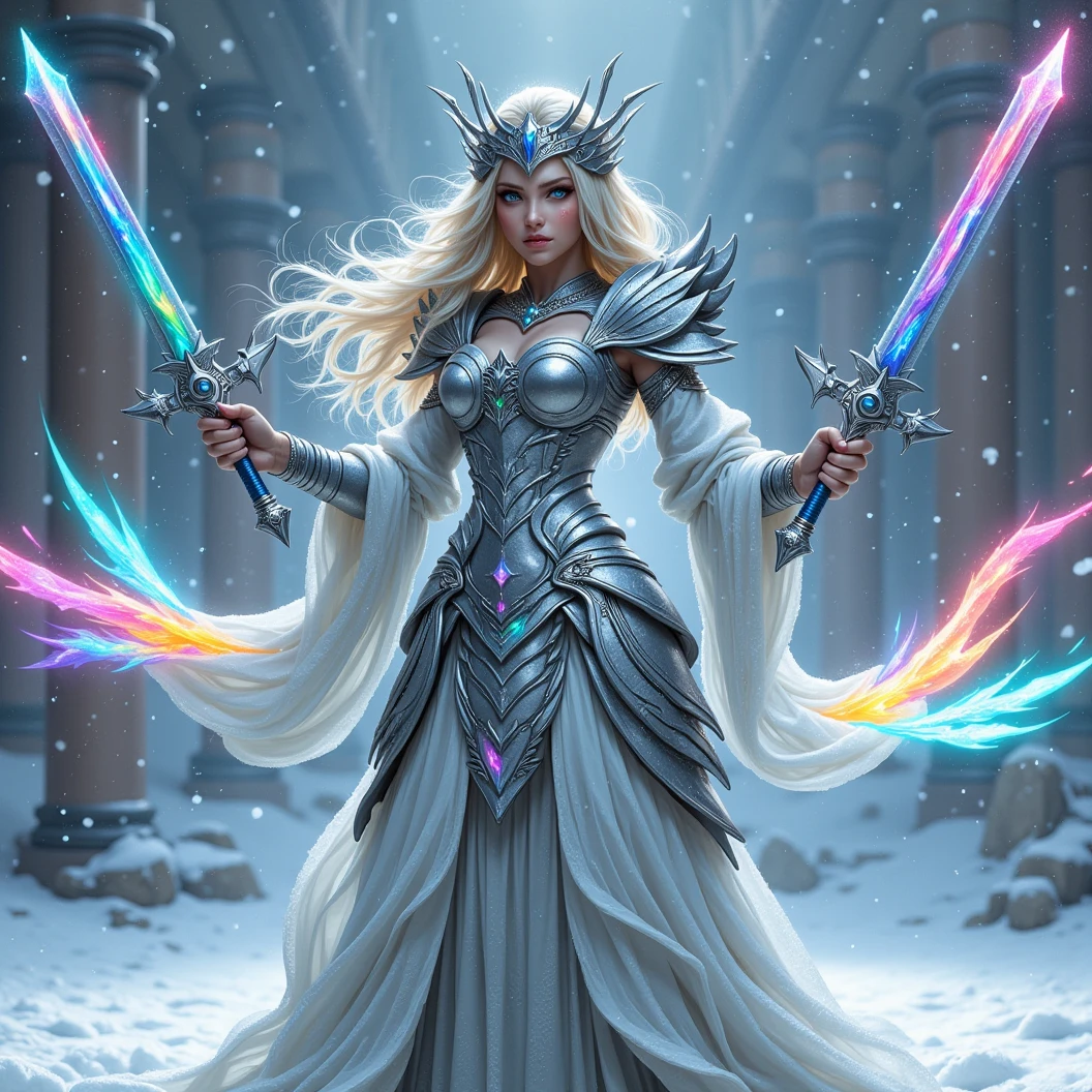 Imagine a warrior queen donned in shining silver armor. Dynamically wields dual sword with rainbow colored blades in a defensive pose. Dynamic fighting pose. A small snow covered colleseum is her fighting arena. The name "Aradaeee" largely on her armor with rainbow letters. A freezing and windy blizzard atmosphere. Icecicles. High Resolution, Masterpiece, Award Winning, Hyperdetailed, Hyperrealism, Depth Of Field, Image Fill, Floating particles, Dynamic pose.