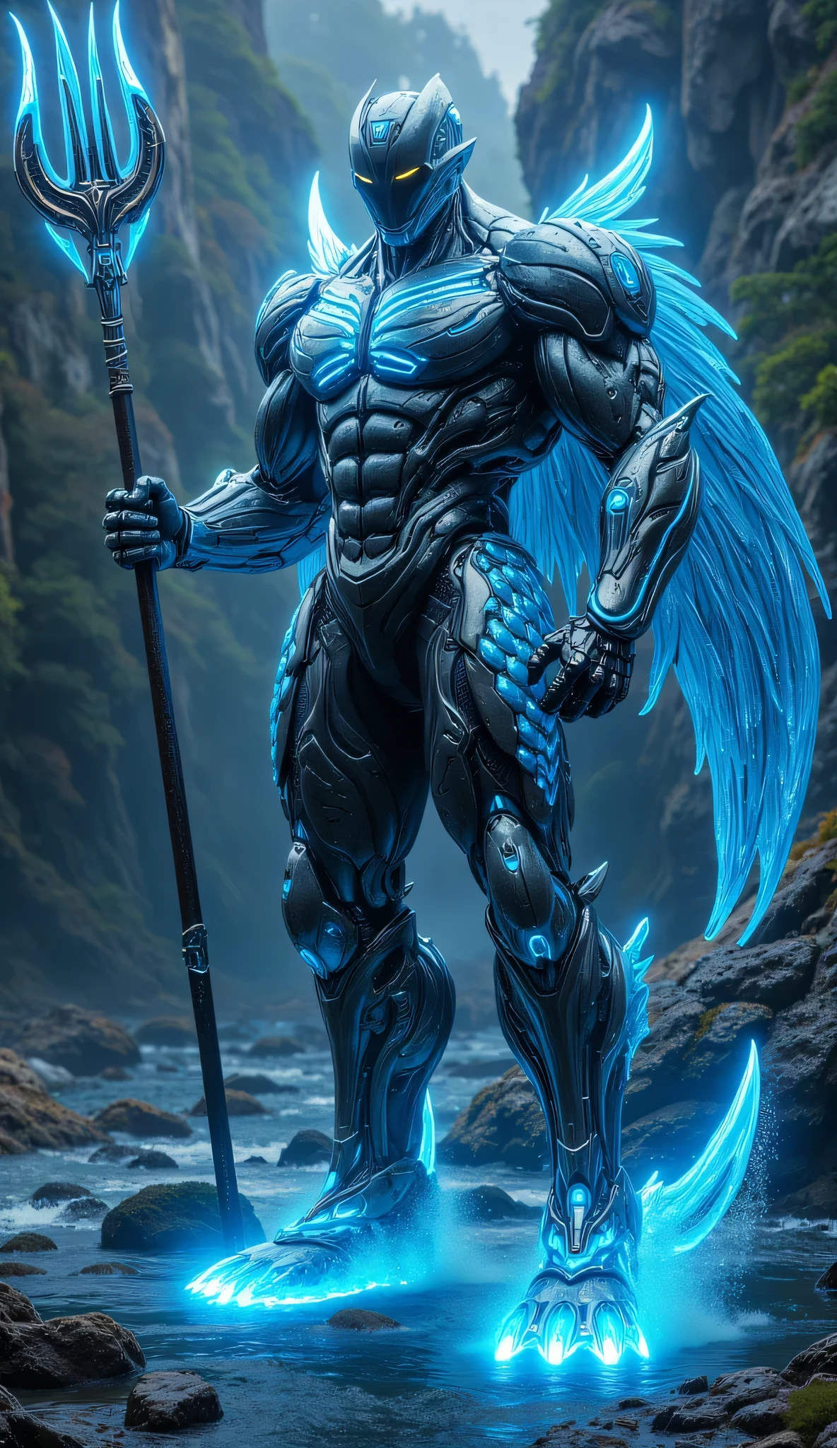 Aqua-Tech Namor is the master of the sea who has fused with futuristic technology to become more powerful from before . Its body is made mostly of molten metal capable of changing shape as needed , provides extra flexibility and protection . Its leg fins have been reinforced with mechanical wings that emit blue light , allows incredible speed in the air and in the water .
Its cybernetic armor is decorated with a pattern like scales that emit bioluminescent light , makes it look like a sea creature living at the deepest depths . His trident has been transformed into a plasma-powered weapon with a glowing tip that can fire energy waves or control water pressure with high precision.