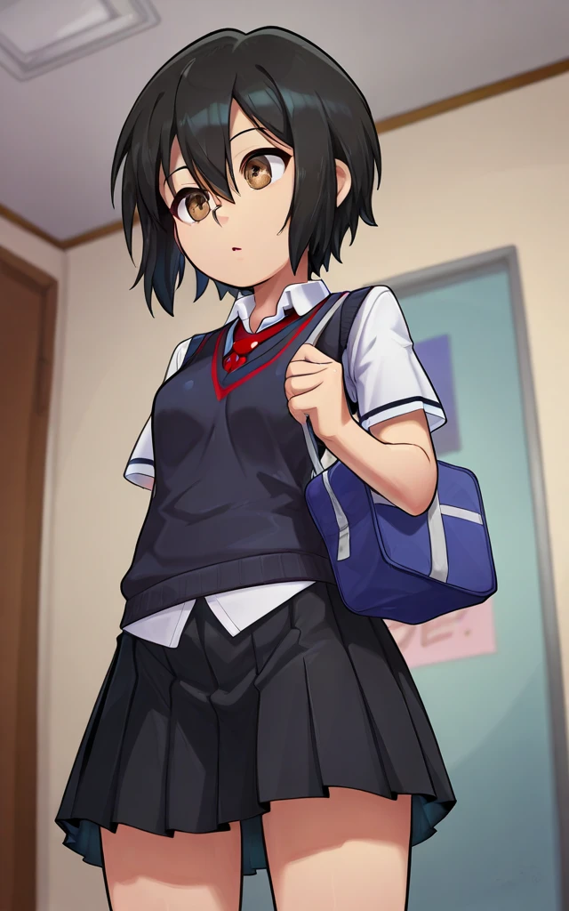 score_9,score_8_up,score_7_up BREAK PennyParkerSDXL,solo,1girl,short hair,skirt,shirt,black hair,hair between eyes,brown eyes,school uniform,white shirt,short sleeves,pleated skirt,necktie,collared shirt,black skirt,bag,dress shirt,red necktie,sweater vest,cowboy shot,room,room background, from below,