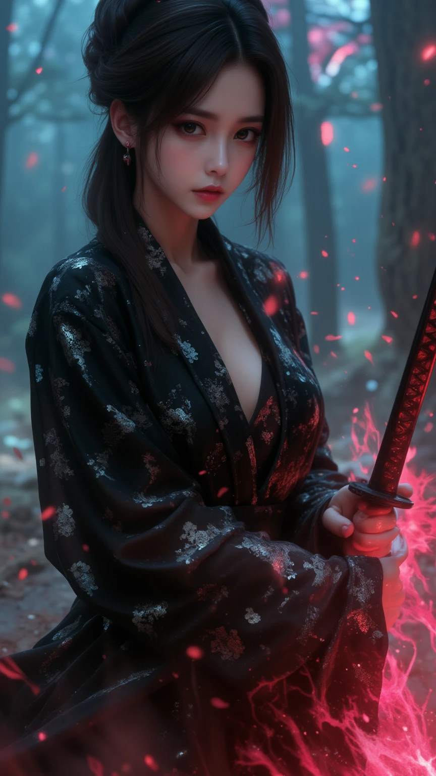 The mysterious slender woman, wearing a black Yukata and hakama, obi,(Musashi Miyamoto) Wielding a long Japan sword, Split with a powerful blow、Wrapped in a fog that blocks visibility, Revealing a vivid and otherworldly scene, The clarity of a sword strike against a blurry background, Mysterious Background, sharp gaze the camera.A mysterious layer of mist covers the foreground, Earrings, Clear Eyes, Exquisite and delicate kimono, Dramatic lighting and colors