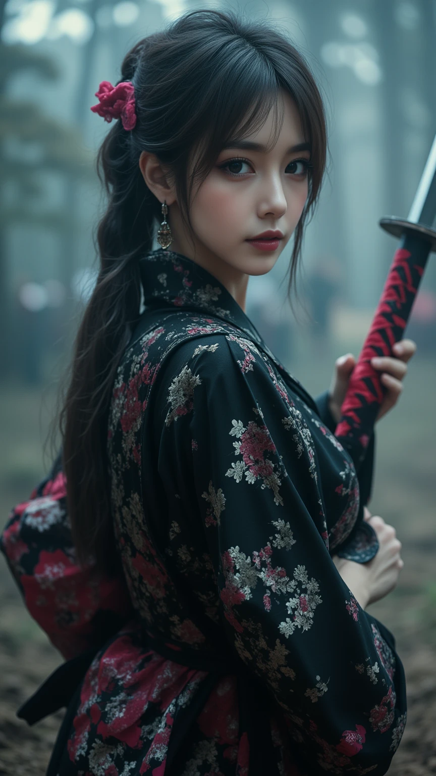 The mysterious slender woman, wearing a black Yukata and hakama, obi,(Musashi Miyamoto) Wielding a long Japan sword, Split with a powerful blow、Wrapped in a fog that blocks visibility, Revealing a vivid and otherworldly scene, The clarity of a sword strike against a blurry background, Mysterious Background, sharp gaze the camera.A mysterious layer of mist covers the foreground, Earrings, Clear Eyes, Exquisite and delicate kimono, Dramatic lighting and colors