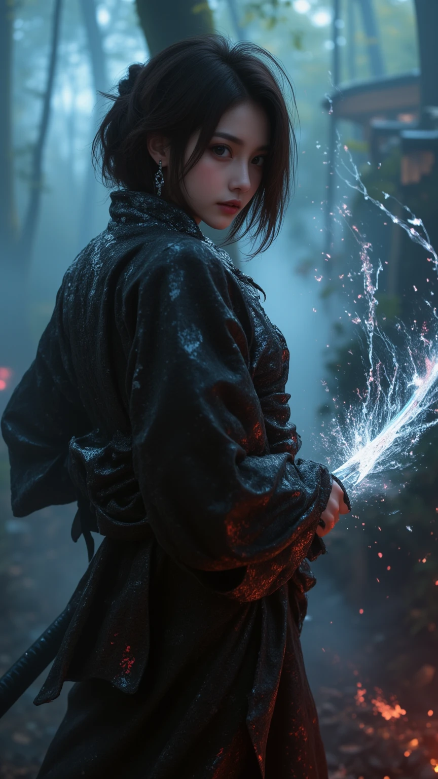 The mysterious slender woman, wearing a black Yukata and hakama, obi,(Musashi Miyamoto) Wielding a long Japan sword, Split with a powerful blow、Wrapped in a fog that blocks visibility, Revealing a vivid and otherworldly scene, The clarity of a sword strike against a blurry background, Mysterious Background, sharp gaze the camera.A mysterious layer of mist covers the foreground, Earrings, Clear Eyes, Exquisite and delicate kimono, Dramatic lighting and colors