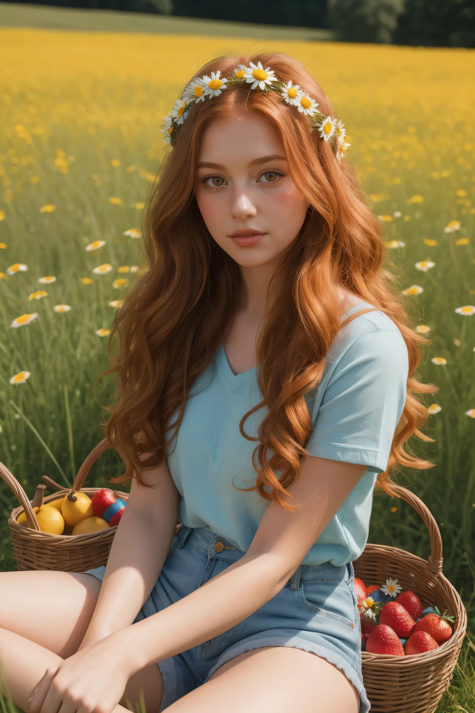 (girl:1.2),solo, (ginger curly long hair:1.1), brown eyes, wreath of daisies on her head, sitting in a field of daisies, smile, (fruit basket:1.1), blue shorts, red shirt