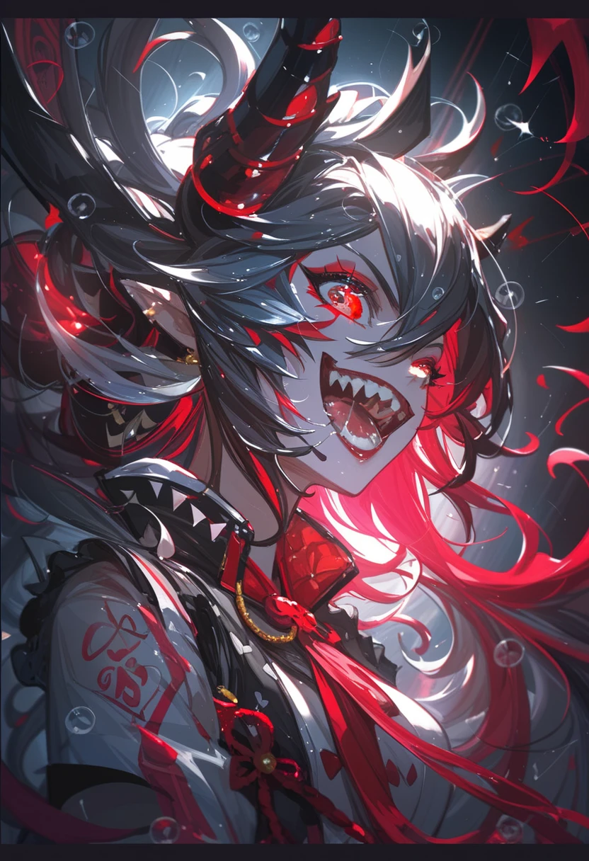 anime girl with red eyes and black hair with horns and a demon's head, trending on artstation pixiv, rossdraws sakimimichan, portrait gapmoe yandere grimdark, onmyoji detailed art, detailed digital anime art, onmyoji portrait, demon slayer artstyle, extremely detailed artgerm, demon anime girl, :: rossdraws