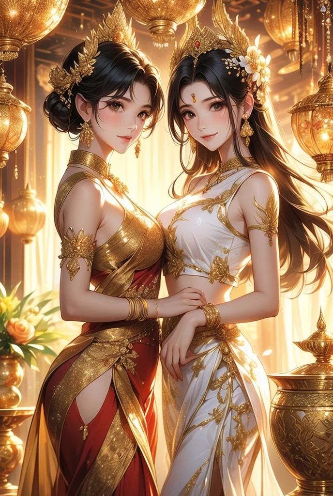 2girls,multiple girls,(((beautiful brunettes identical twins in middle of composition:1.5))),(brunette long hair:1.5),detailed and intricate,very enormous breast:1.7),(((yellow_eyes:1.3))),intricate eyes,beautiful detailed eyes,symmetrical eyes,(((lustrous skin:1.5,bright skin: 1.5,skin tanned,shiny skin,very shiny skin,shiny body,plastic glitter skin,exaggerated shiny skin,illuminated skin))), shiny lips, very big ass,inflated legs,thick thighs,(symmetrical detailed face:1.7),toned, sexy, nsfw,

sexy,zettai ryouiki,tiny clothes,show skin,(arabian clothes, harem outfit, arabian dancing girl, belly dancer outfit, sex slave, jewelry, sheer loincloth, pelvic curtain, midriff, bracelets,),(arabian jewelry,intricate necklace),((((silk loincloth:1.5,transparent loincloth)))),navel:1.5,(((gold clothes))),

(dynamic pose:1.0),embarrassed,(centered,scale to fit dimensions,Rule of thirds),

indoors,(huge columns of an Arab palace,arab palace,arab palace background),scenery,extremely scenery,arab style,

(Glossy arab ornaments),highres,sharp focus,(ultra detailed,extremely detailed),(photorealistic artwork:1.37),(extremely detailed CG unity 8k wallpaper),(((vibrant colors,vibrant theme))),(intricate),(masterpiece),(best quality),artistic photography,(photography taken by sldr),(intricate background),perfect rendered face,perfect face details,realistic face,photo realistic,((intricate detail)),(((realism))),
