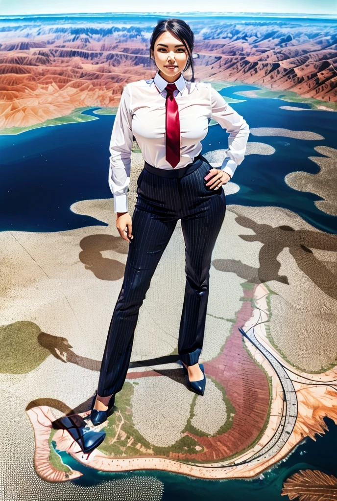 Giga Giantess art 1:4, two highly detailed giga giantess, ginger hair, white woman full body view, 10000 miles tall giga giantess, giga giantess so massive the world is very small to her, huge breasts, navy blue pinstriped trousers, white tailored shirt done up thick and very large thick Windsor knot tie, ties length reaches just passed the top of trousers, Has long full wavy ponytail, Wearing a pair of  polished round toe court heels Professional attire A look of enjoyment, Beautiful appearance, smile, horny (view from the ground)giga goddess, full body view, standing striaght, stomping on very tiny but massive continent, facing towards camera from below 