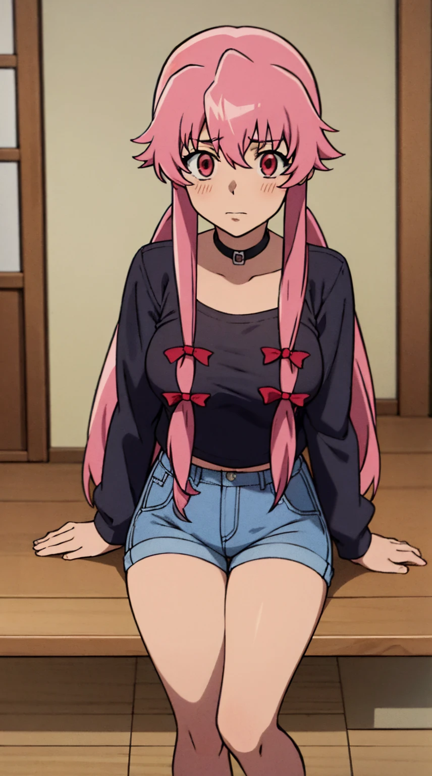 anime_still, masterpiece, best quality, 1girl, Gasai Yuno,large breasts, pink hair, long hair, solo, sitting, tiles, looking at viewer, low twintails, wearing a black choker, wearing a black leather jacket, wearing blue jeans, wearing a black t-shirt, red eyes, ((yandere)),