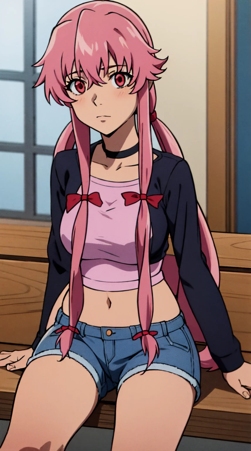 anime_still, masterpiece, best quality, 1girl, Gasai Yuno,large breasts, pink hair, long hair, solo, sitting, tiles, looking at viewer, low twintails, wearing a black choker, wearing a black leather jacket, wearing blue jeans, wearing a black t-shirt, red eyes, ((yandere)),