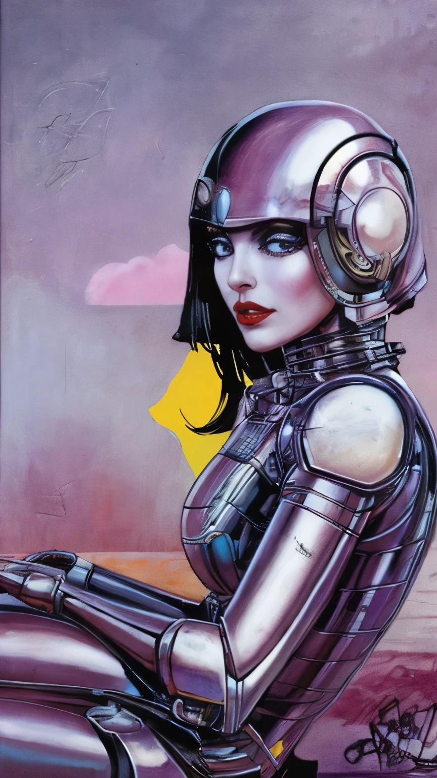 wearing a futuristic helmet 、 Closeup of woman wearing red lipstick, Cyberpunk Jackie Wells , [cgsociety 9, style = retrofuturism , Beautiful Android woman , Portrait of a female bionic , retro futuristic fashion , Still from the movie 《blade runner》, Female robot in the data center , Moebius aesthetics, Alien robot movie drama , depicting a sci-fi scene ,Engage your audience, sitting, Random Sexy Pose , female panther sexy posture , Adopts Curved Type