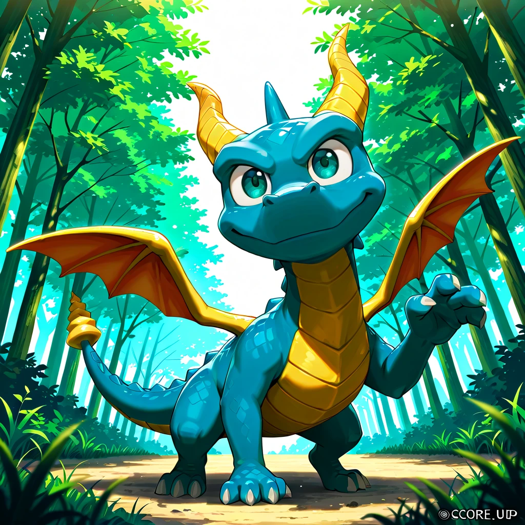 Dragon calf, small, blue scales, detailed cyan eyes, running with a smile, forest setting, solo