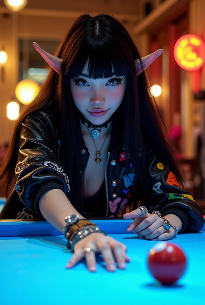 "A close-up shot of a captivating elf playing pool in a lively, warmly lit tavern. She has long, sleek dark hair, pointed ears subtly peeking through, and mesmerizing, glowing eyes that convey focus and confidence. Dressed in a stylish black bomber jacket adorned with mystical symbols and patches, her hand—gracefully adorned with intricate silver rings—points toward the cue ball on the glowing blue pool table. The background features a vibrant and magical ambiance, with blurred golden lights and hints of enchanted decor, creating a mix of modern and fantasy aesthetics."
