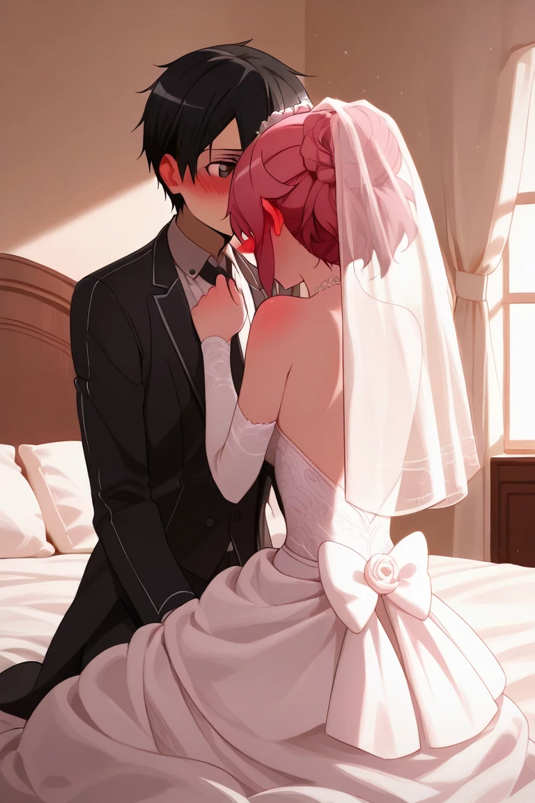  Kirito and Lisbeth ,  Lisbeth jacket on the edge of the bed, wedding dress, Bridegroom's suit ,  romantic room , Kirito taking off his blushing . 