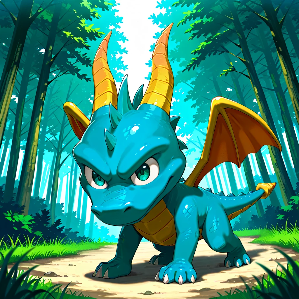 Dragon calf, small, blue scales, detailed cyan eyes, running with a smile, forest setting, solo