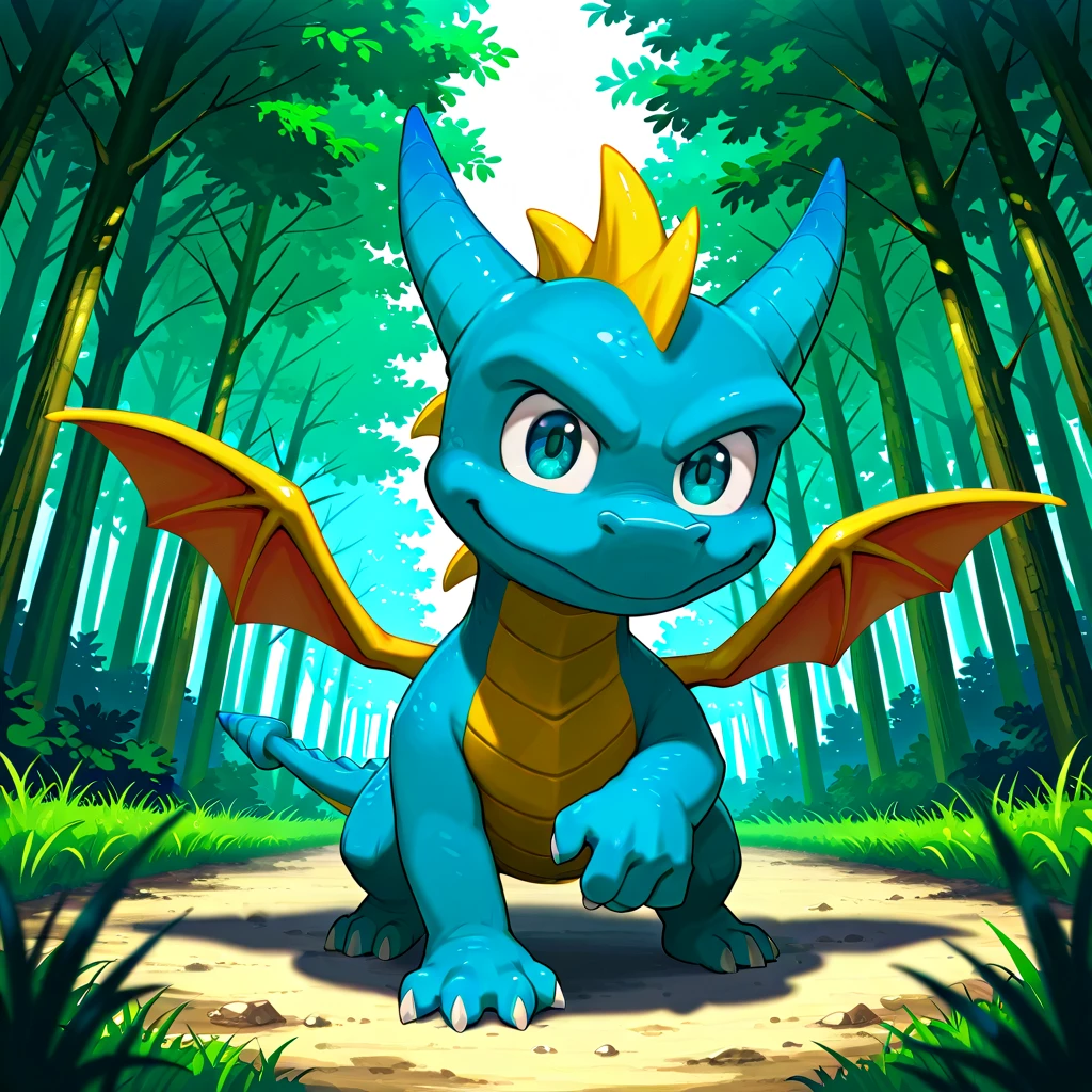 Dragon calf, small, blue scales, detailed cyan eyes, running with a smile, forest setting, solo