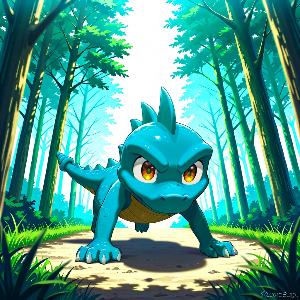 Dragon calf, small, blue scales, detailed cyan eyes, running with a smile, forest setting, solo