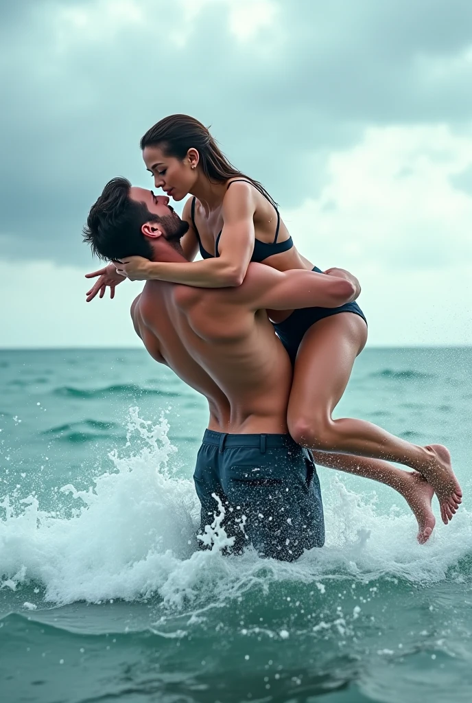 ultra realistic, photography, portrait, close-up, extreme close-up, long black straight hair, (30 years old, hazel eyes, hourglass figure, perfect fit body, natural ), femme fatale, seductive look, on the edge of  a swimming pool, wearing a skimpy red string , her body is wet, her hair is wet,  posing, wide angle, extreme wide angle, she is leaning forward onto her elbows on the edge of the pool with her torso, there is a completely  and muscular brown haired man standing behind her, he is having his arms on her waist, she has her eyes closed, she is screaming loudly in pleasure as she is heaving an intense 