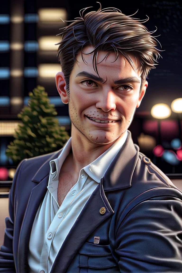 (masterpiece, best quality:1.2), man, stubble, smirk, (depth of field:1.1), , photo of person, tweed jacket, sunglasses, stubble, dress shirt, (((medium shot))), at the city, night, masterpiece, highness, perfect face, perfect picture, detailed blue eyes, sharp focus, muscular,High detailed view