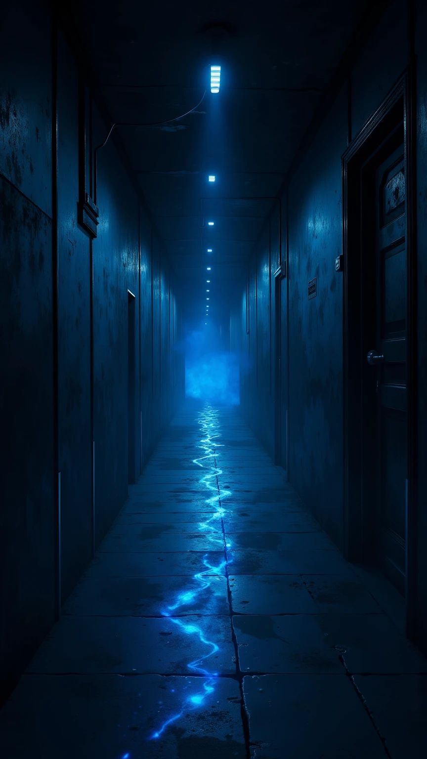 (masterpiece:1.3, UHD:1.2, highres:1.3, top quality, clarity:1.3), (S-curve corridor:1.3, The eternal corridor:1.3, Complete darkness:1.3, Blue Flame are spaced evenly in the darkness and continue deeper into the room:1.3), 8k wall paper:1.3