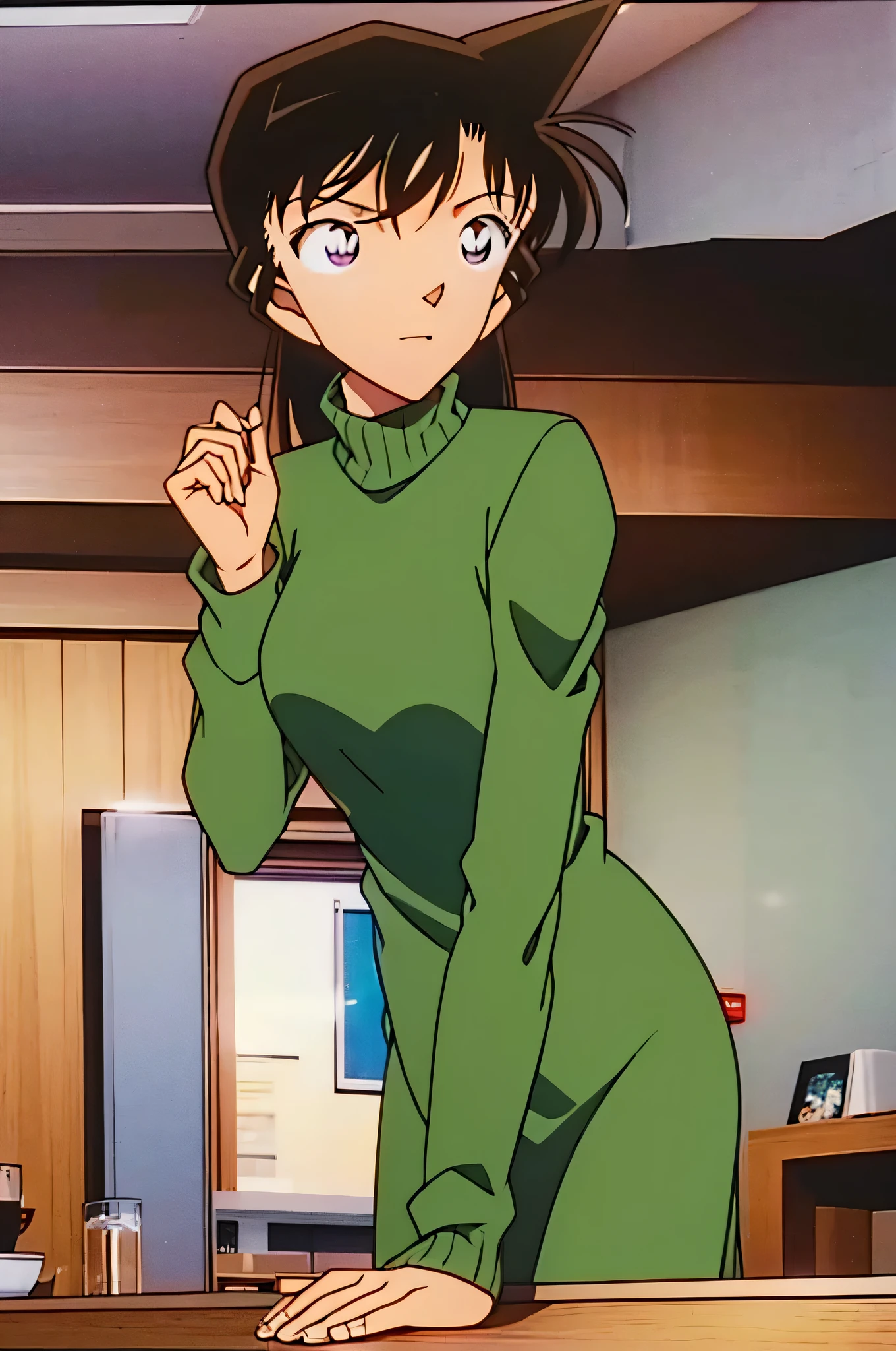 1girl、{{{mouri ran}}}, {{{meitanntei conan}}}, {{{long hair}}}, {{{official style}}}, {{{adult}}}, tight green dress (turtleneck, simple, long sleeves) 、 (light green cropped short jacket), green socks,kitchen,bringing upper body to the sink, open, leaning forward, emphasizing the buttocks, butt to the front