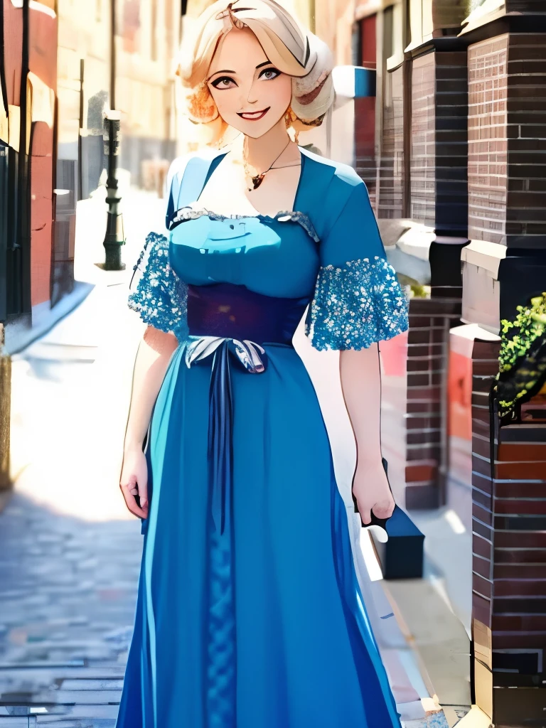 The lady, 20, smiling, while wearing a 1930s dress, full body. Her hair was tied into a Dutch flower braid, standing outside in the sun