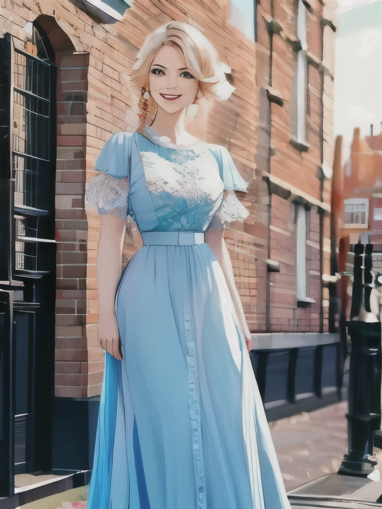 The lady, 20, smiling, while wearing a 1930s dress, full body. Her hair was tied into a Dutch flower braid, standing outside in the sun