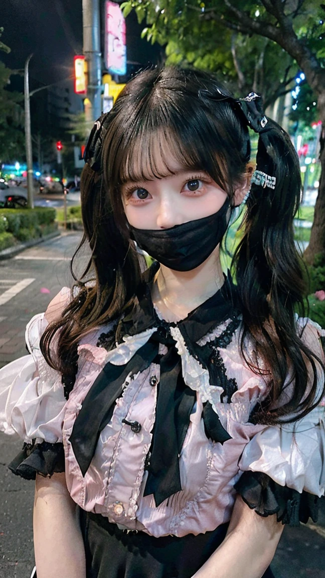 (8k、 highest image quality taken by Ki、 top quality、​masterpiece)、 detailed face 、 against a tree 、 dark haired、(( twin tails))、 gray eyes、Earrings、 wicked smile 、smirk grin、 mask _Pull、 Medium Breasts 、(( pink clothes ))、frilld、 black ribbon、 in a black miniskirt 、frilld、Jirai clothes 、 cowboy shot、 Night View of Downtown 