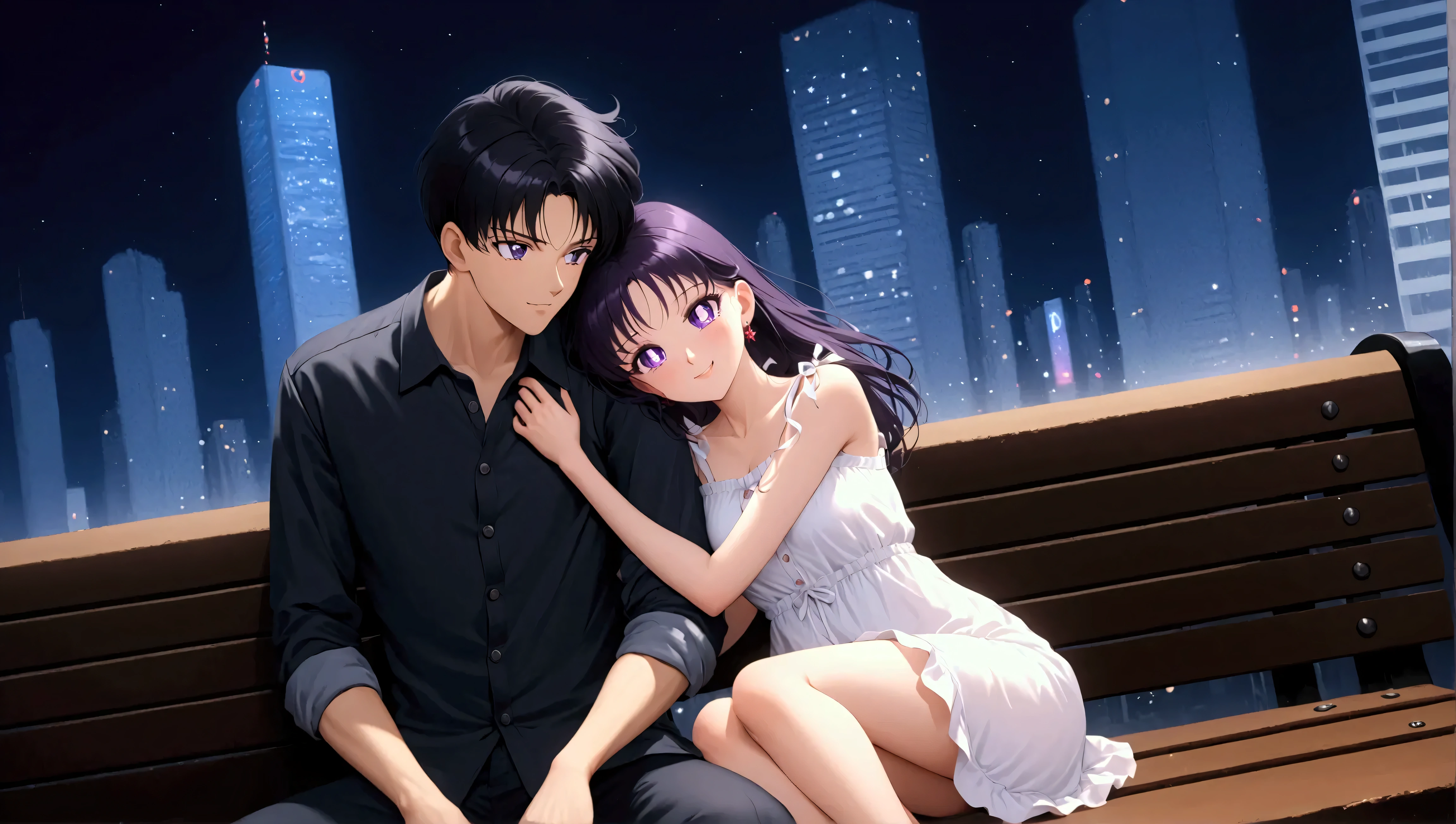 (masterpiece, best quality, very aesthetic , ultra detailed), intriguing details, 1boy and 1girl, chiba_mamoru, black hair, short hair, casual wearing, tokyo city, sit on the bench
((BREAK)) 
Aamars, black hair, long hair, purple eyes, casual white dress, bare legs, smile, deep night, hugging, hug