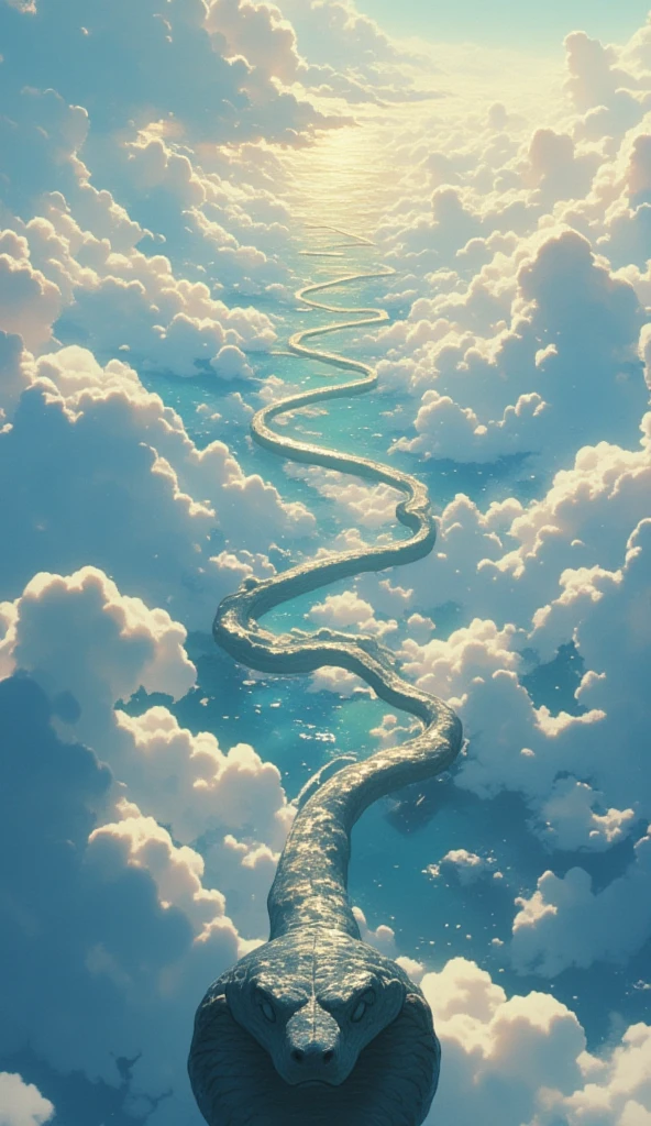 statue snake, snake path, endless path, snake head statue in the beginning of the path at the bottom of the image, above the snake head is its body which is an endless pathway into the cloud, the snake head facing the viewer, on clouds