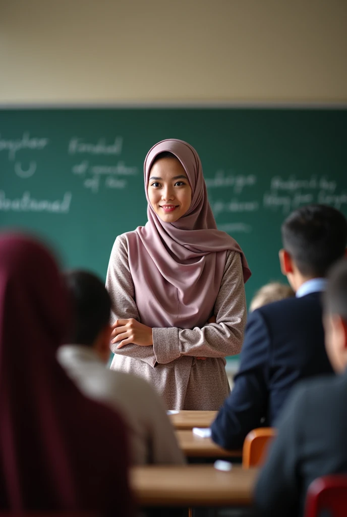 A woman in hijab teacher with big breasts