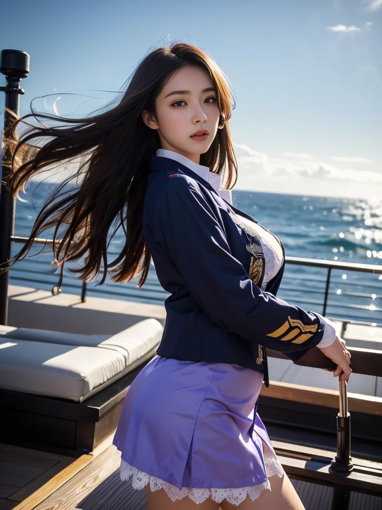 Highly detailed CG Unity 16K wallpaper,  masterpiece、 best quality、With the highest quality, super detailed, Master Piece, Realistic, photograph realistic, extremely detailed cute girl,  Japanese Goddesses 、Korean Goddess 、35years old, (((( brown long hair ))))、 hair swaying in the wind 、((((low angle)))) , (( sexy poses ))、 ((Japan Maritime Self-Defense Force purple uniform、 Knee-length skirt )) ,  blush , Round eyes, Chubby, looking viewer, cowboy shot , ((( looking at the ocean from the roof of a ship,Standing on the roof of a ship))),   the sun shines outdoors 、The wind blows outdoors 、 watching the ocean from the outside 、Irido clouds can be seen in the blue sky 、 sunlight illuminates the clouds、Sunlight shines on a woman、 (( Japan Maritime Self-Defense Force  purple uniform、 Knee-length skirt )) ,  ( Lace Underwear with Realistic Details ) 、(( Top Quality White Lace Panties )),   、((Masterpiece White Lace Panties )), cleavage、G cup big breasts、 ((Japan Maritime Self-Defense Force purple uniform、 Knee-length skirt ))、 purpleuniform、Big Breasts、G cup big boobs、Close the uniform button、((Japan Maritime Self-Defense Force  purple  uniform、 Knee-length skirt ))、 purple uniform、 Big Breasts、G cup big breasts、((Japan Maritime Self-Defense Force purple uniform、 Knee-length skirt ))、 purple  uniform、Big Breasts、G cup big boobs、Fully button the shirt 、Fully close the jacket button 、Fully zip the jacket、、Fully button the shirt 、Fully close the jacket button 、Fully zip the jacket、 I'm wearing a knee-length skirt、((((low angle))))