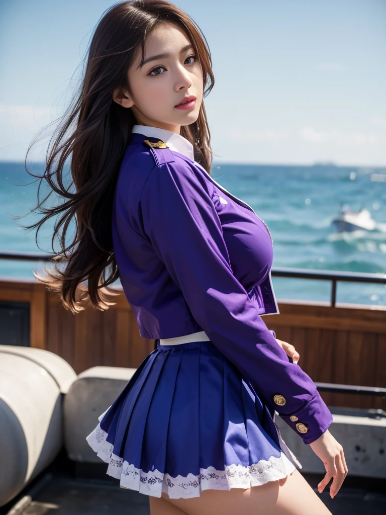 Highly detailed CG Unity 16K wallpaper,  masterpiece、 best quality、With the highest quality, super detailed, Master Piece, Realistic, photograph realistic, extremely detailed cute girl,  Japanese Goddesses 、Korean Goddess 、35years old, (((( brown long hair ))))、 hair swaying in the wind 、((((low angle)))) , (( sexy poses ))、 ((Japan Maritime Self-Defense Force purple uniform、 Knee-length skirt )) ,  blush , Round eyes, Chubby, looking viewer, cowboy shot , ((( looking at the ocean from the roof of a ship,Standing on the roof of a ship))),   the sun shines outdoors 、The wind blows outdoors 、 watching the ocean from the outside 、Irido clouds can be seen in the blue sky 、 sunlight illuminates the clouds、Sunlight shines on a woman、 (( Japan Maritime Self-Defense Force  purple uniform、 Knee-length skirt )) ,  ( Lace Underwear with Realistic Details ) 、(( Top Quality White Lace Panties )),   、((Masterpiece White Lace Panties )), cleavage、G cup big breasts、 ((Japan Maritime Self-Defense Force purple uniform、 Knee-length skirt ))、 purpleuniform、Big Breasts、G cup big boobs、Close the uniform button、((Japan Maritime Self-Defense Force  purple  uniform、 Knee-length skirt ))、 purple uniform、 Big Breasts、G cup big breasts、((Japan Maritime Self-Defense Force purple uniform、 Knee-length skirt ))、 purple  uniform、Big Breasts、G cup big boobs、Fully button the shirt 、Fully close the jacket button 、Fully zip the jacket、、Fully button the shirt 、Fully close the jacket button 、Fully zip the jacket、 I'm wearing a knee-length skirt、((((low angle))))