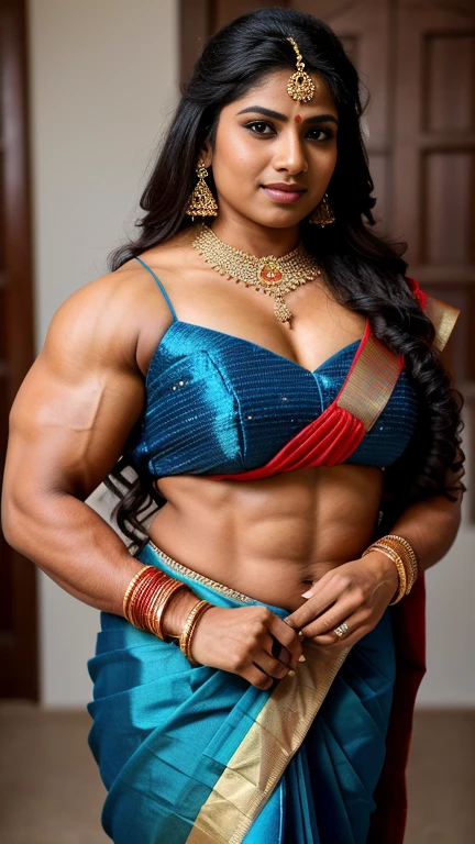 30 year old dark tamil woman, bodybuilder milf, pink and blue latex saree mini skirt and bikini blouse, standing in village farm, big breasts , navel, looking straight to viewer,