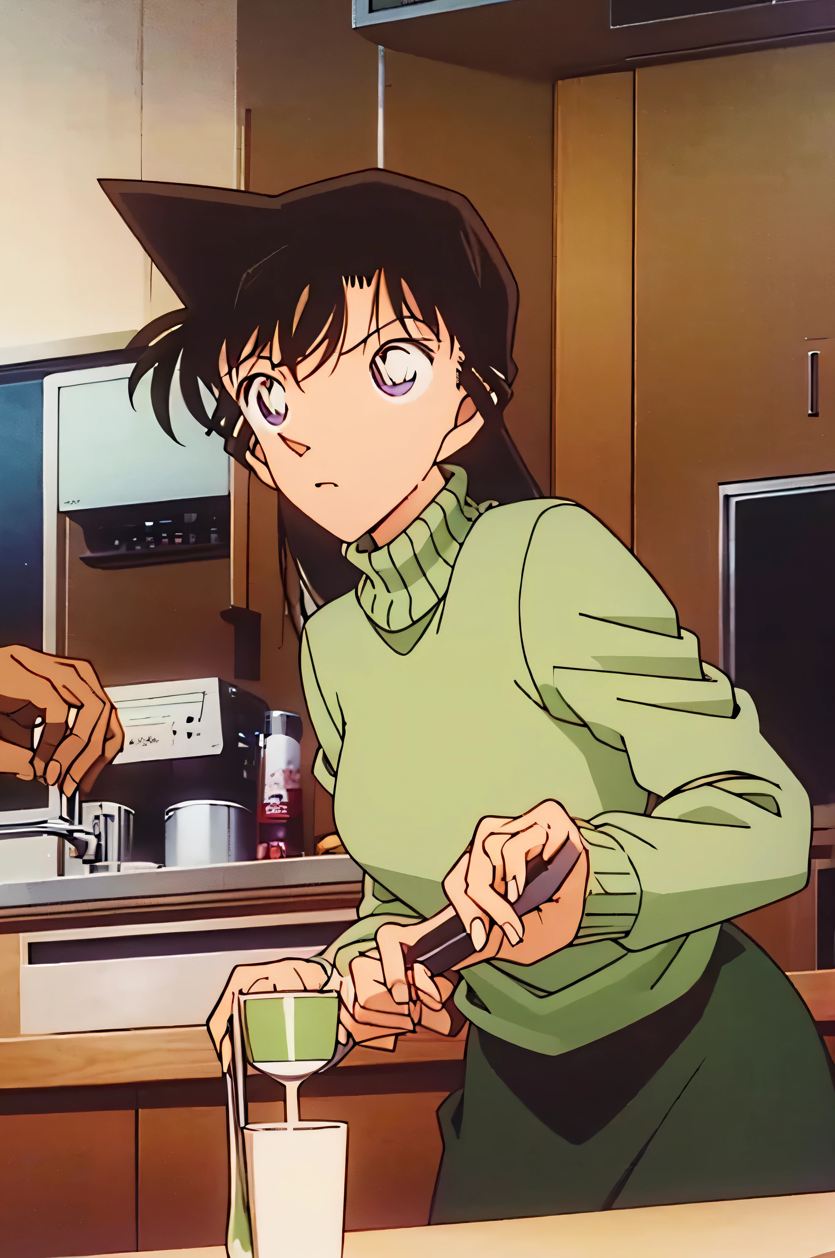 1girl、{{{mouri ran}}}, {{{meitanntei conan}}}, {{{long hair}}}, {{{official style}}}, {{{adult}}}, tight green dress (turtleneck, simple, long sleeves),（light green cropped short jacket）, green socks,kitchen,bringing upper body to the sink, open, leaning forward, emphasizing the buttocks, butt to the front