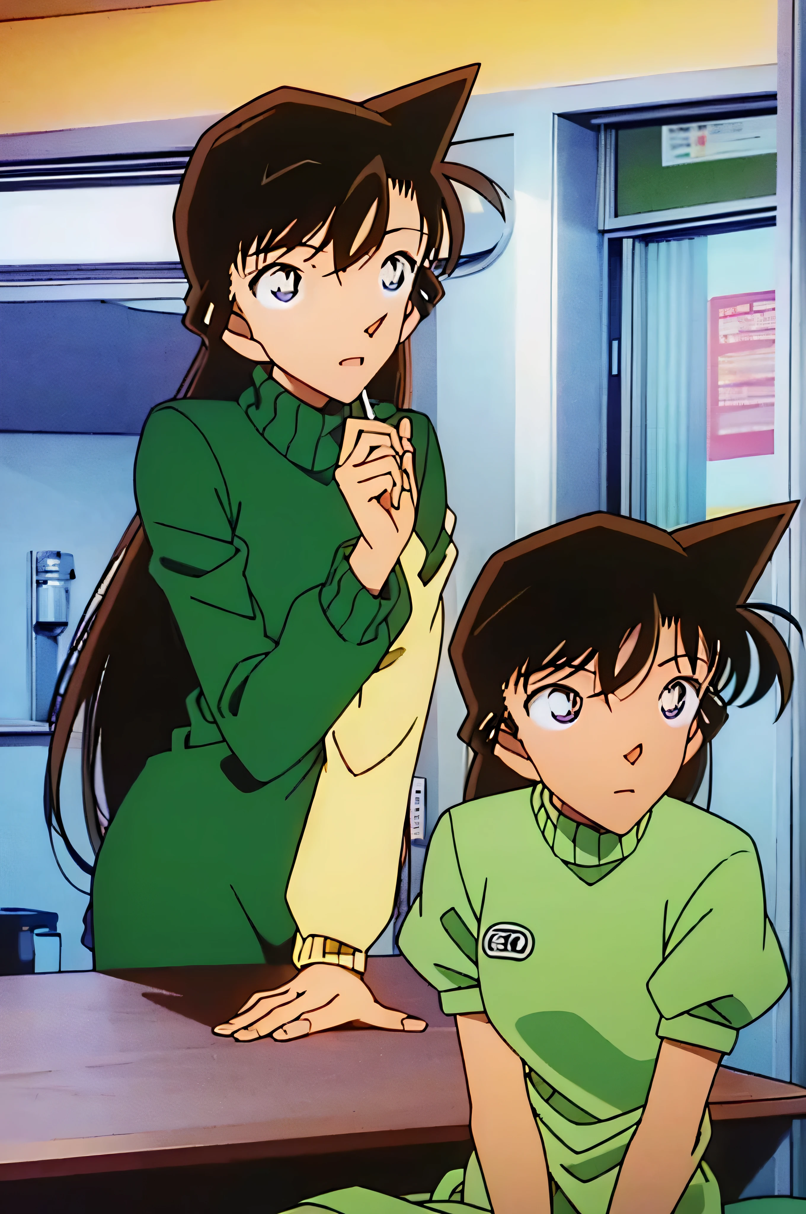 1girl、{{{mouri ran}}}, {{{meitanntei conan}}}, {{{long hair}}}, {{{official style}}}, {{{adult}}}, tight green dress (turtleneck, simple, long sleeves),(light green cropped short jacket),(light green cropped short jacket), green socks,kitchen,bringing upper body to the sink, open, leaning forward, emphasizing the buttocks, butt to the front