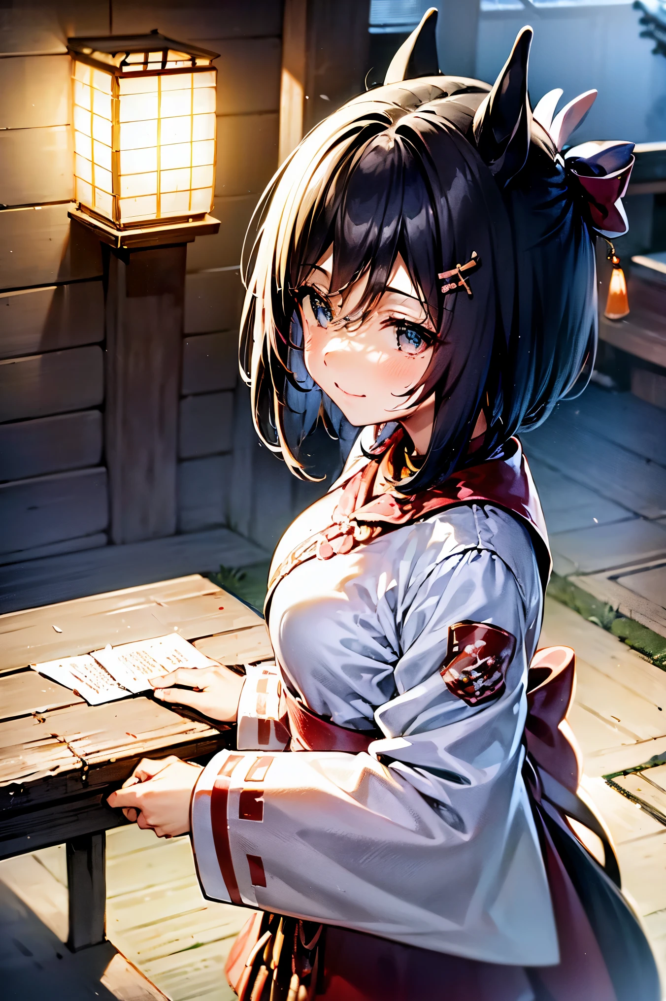 ((( bright colors))),8k,(masterpiece, top quality:1.2), from the side 1 girl , Eishin Flash, smile,from above, upper body, looking down, own hands together,first visit of the year to a shrine、 traditional Japanese temple、Torii covered in snow、 worshipers wearing kimonos 、Fuyu Sky 、 knocking on bells 、 smoke of incense sticks standing up 、Hanging votive plaques 、 shimenawa and blank paper streamers 、 softly glowing lanterns 、 snow-covered stone lanterns offering prayers、 quiet and polite atmosphere ,