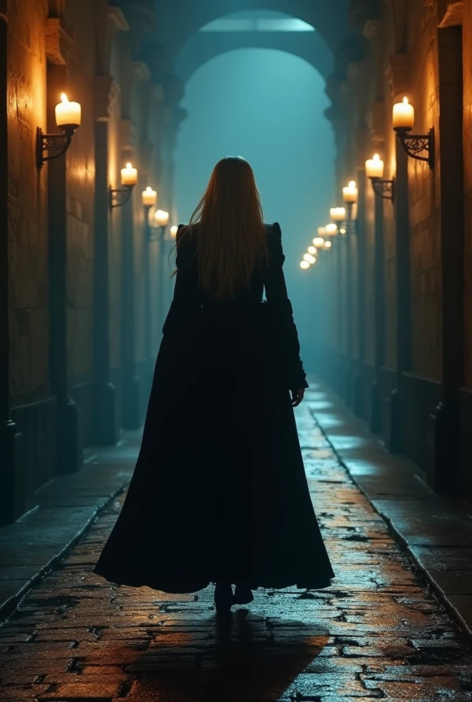 a king, with a long coat. walking through the endless corridor. a tunnel corridor with candle lights on the wall, wet bricks floor, dark end, endless tunnel, cinematic, back shot