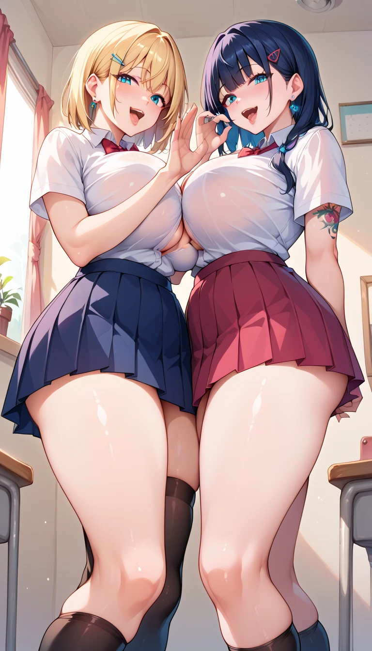 ((Two girl)),((Perfect body,))((Super beautiful,))((High quality,)), (sweaty,) (wet all over,)blush, white school uniforms, (midnight, Dark back alleys, hotel streets,)((Pleated skirts that are too short and expose underwear)),shiny glossy,Thigh-high socks,gigantic breast,(Lifting up the hem of her skirt to show off her crotch),Heavy breathing,saliva, sweat, Sweaty and wet all over,Looking at Viewer,((Sexy white bra, half-taken school uniform)),Half-open eyes, provocative expression,pink hair,Yellow hair,blue hair,white hair,(Two beautiful girls are pressing their huge breasts against each other,)open mouth,tongue out,Fellatio gesture,