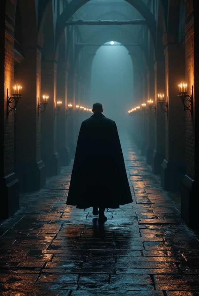 a king, with a long coat. walking through the endless corridor. a tunnel corridor with candle lights on the wall, wet bricks floor, dark end, endless tunnel, cinematic, back shot