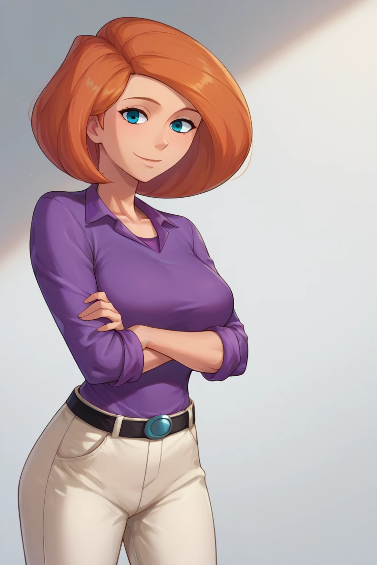 score_9, score_8_up, score_7_up, BREAK, 1girl, solo, breasts,  annpossible, mature female, purple shirt, sleeves rolled up, tan pants, belt, looking at viewer, smile, crossed arms, 