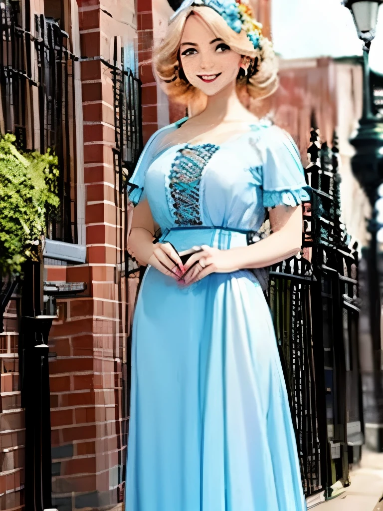 The lady, 20, smiling, while wearing a 1930s dress, full body. Her hair was tied into a Dutch flower braid, standing outside in the sun